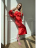 Sexy Satin Back Slit Party Dress With Removable Sleeves